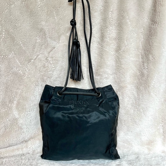 RARE Prada Black Nylon Tassel Drawstring Shoulder Bag - Picture 4 of 17